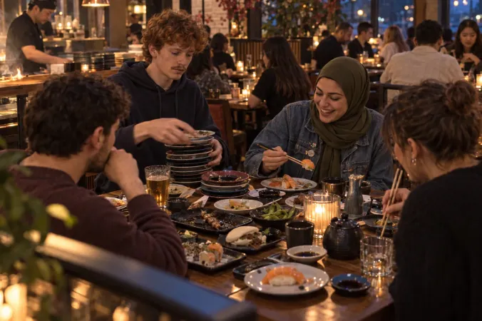 Four friends at a full all-you-can-eat table of sushi and small dishes; one of them stacks the empty plates.