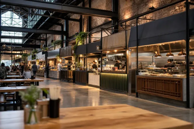 A food hall in a converted factory: several open kitchens side by side, long wooden tables in front.
