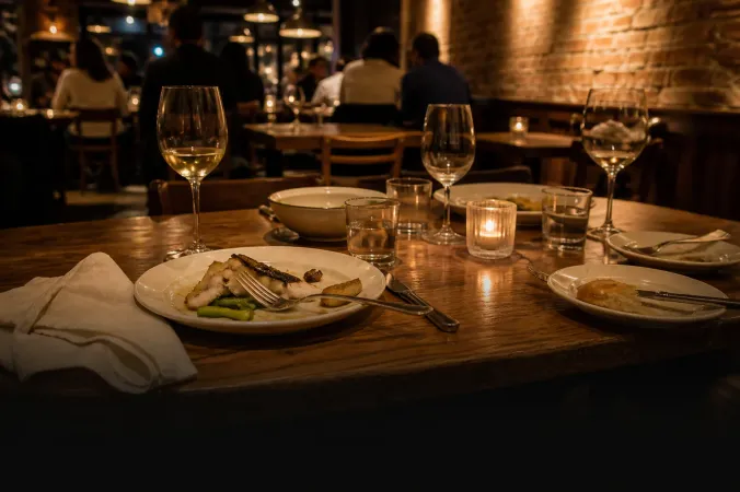 A laid restaurant table with wine glasses and a candle; the dining room behind it.