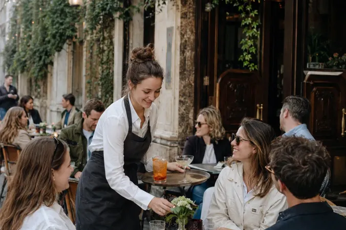 A server sets drinks down for guests at a round table on a city terrace.