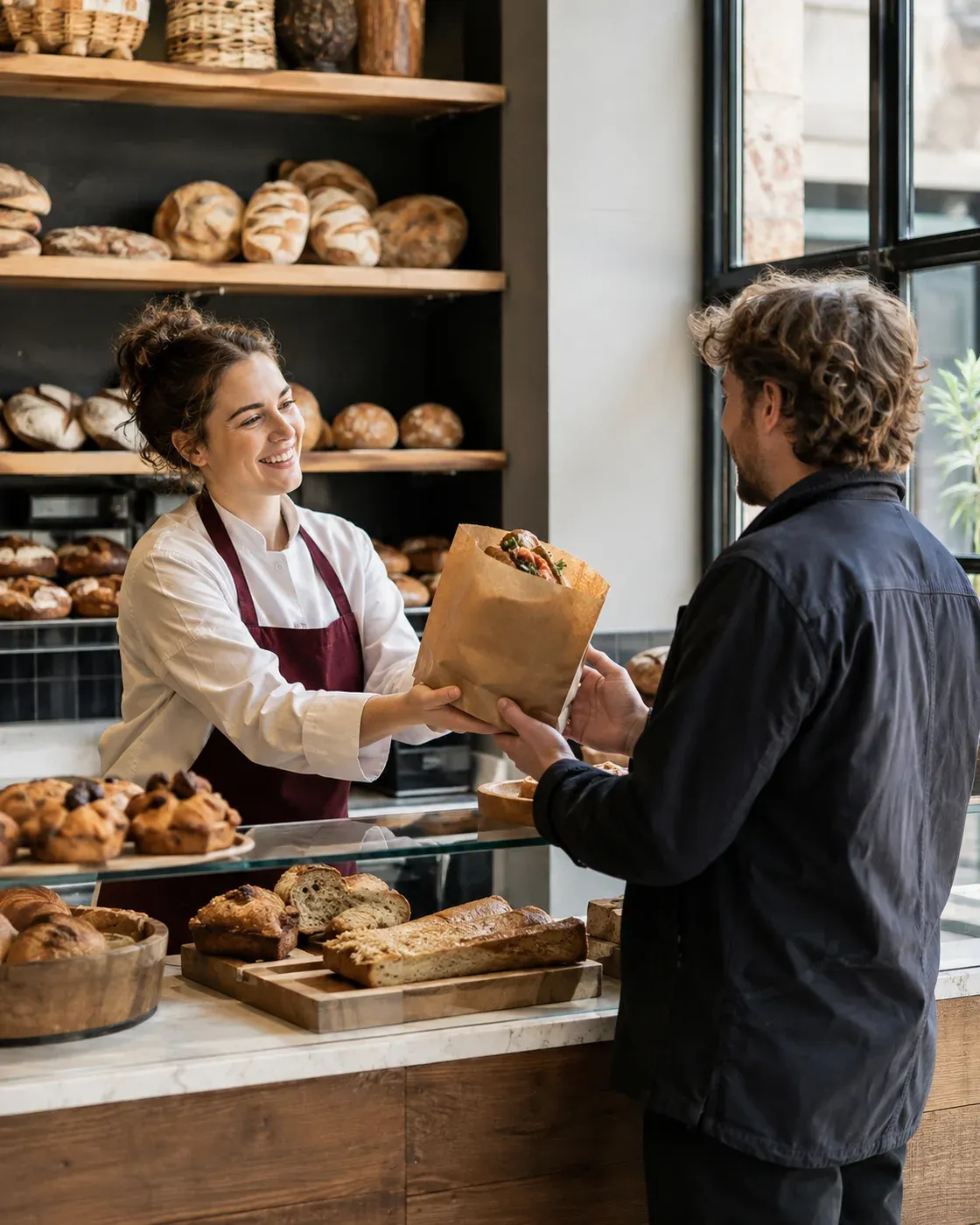 Illustrative Szene eines Mitarbeiters, der einem Gast an einer Bäckereitheke eine Papiertüte reicht; Brot und Gebäck liegen in der Auslage.