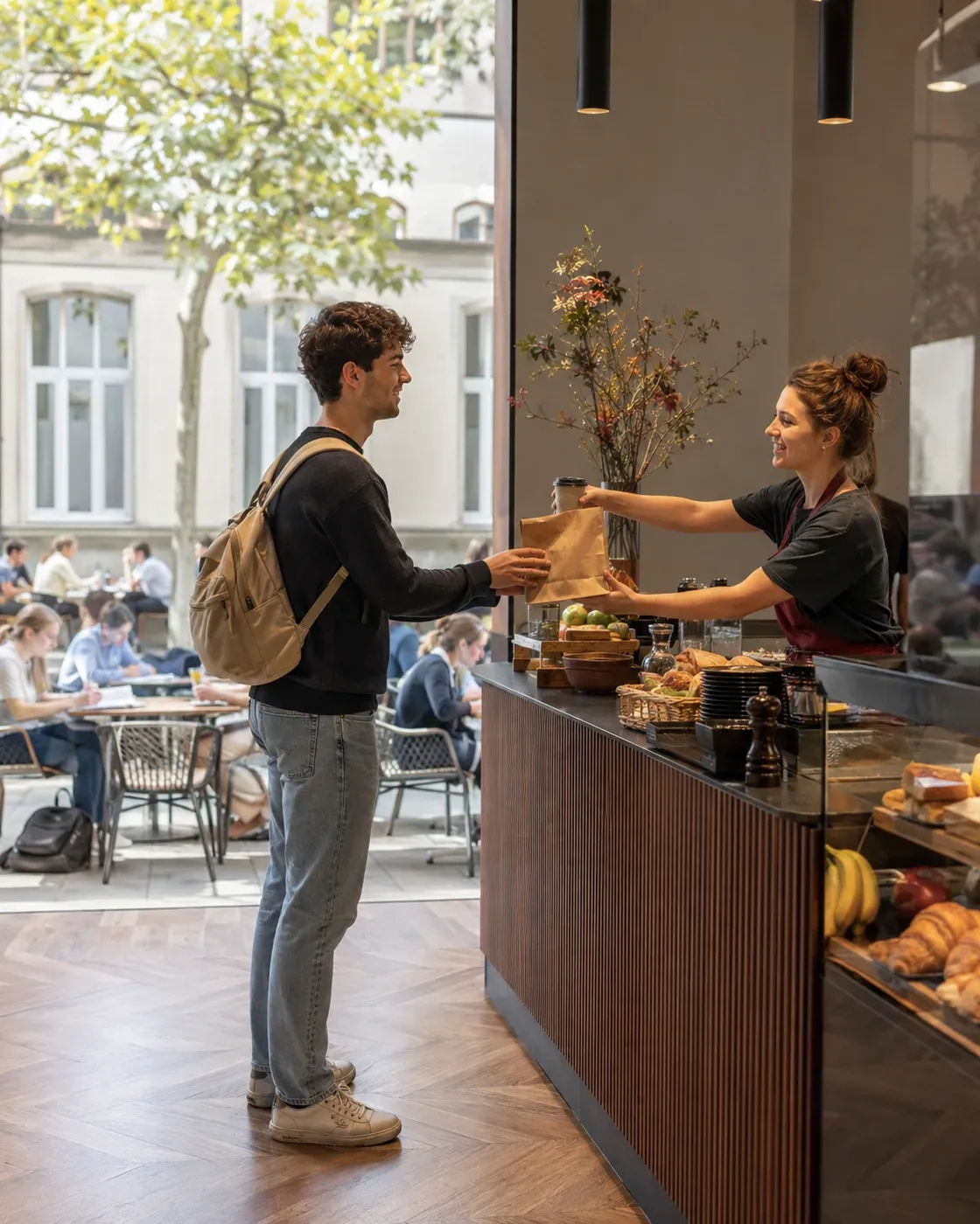 Illustrative scene of students with backpacks collecting lunch at a campus café.