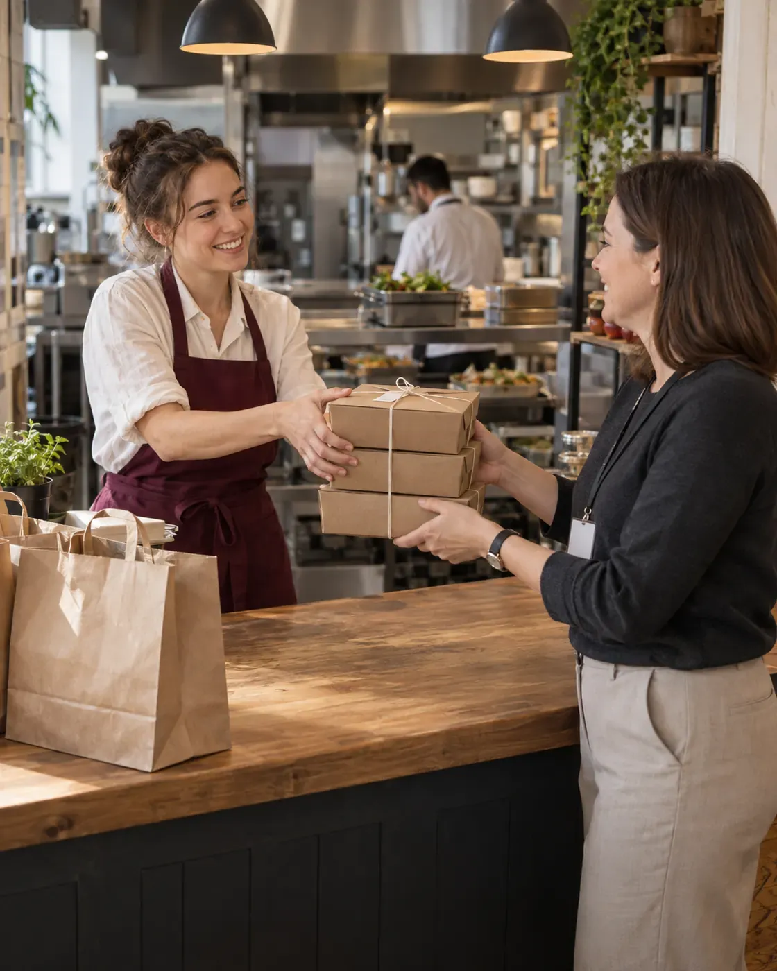 Illustrative scene at a caterer’s pickup counter: a team member hands an office manager a stack of lunch boxes tied with string, beside a second order waiting to be collected.