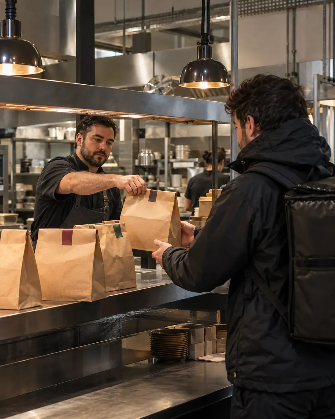 Illustrative scene at the pass of a delivery kitchen: a cook hands a courier a sealed paper bag, beside a row of bags with coloured bands for two brands.
