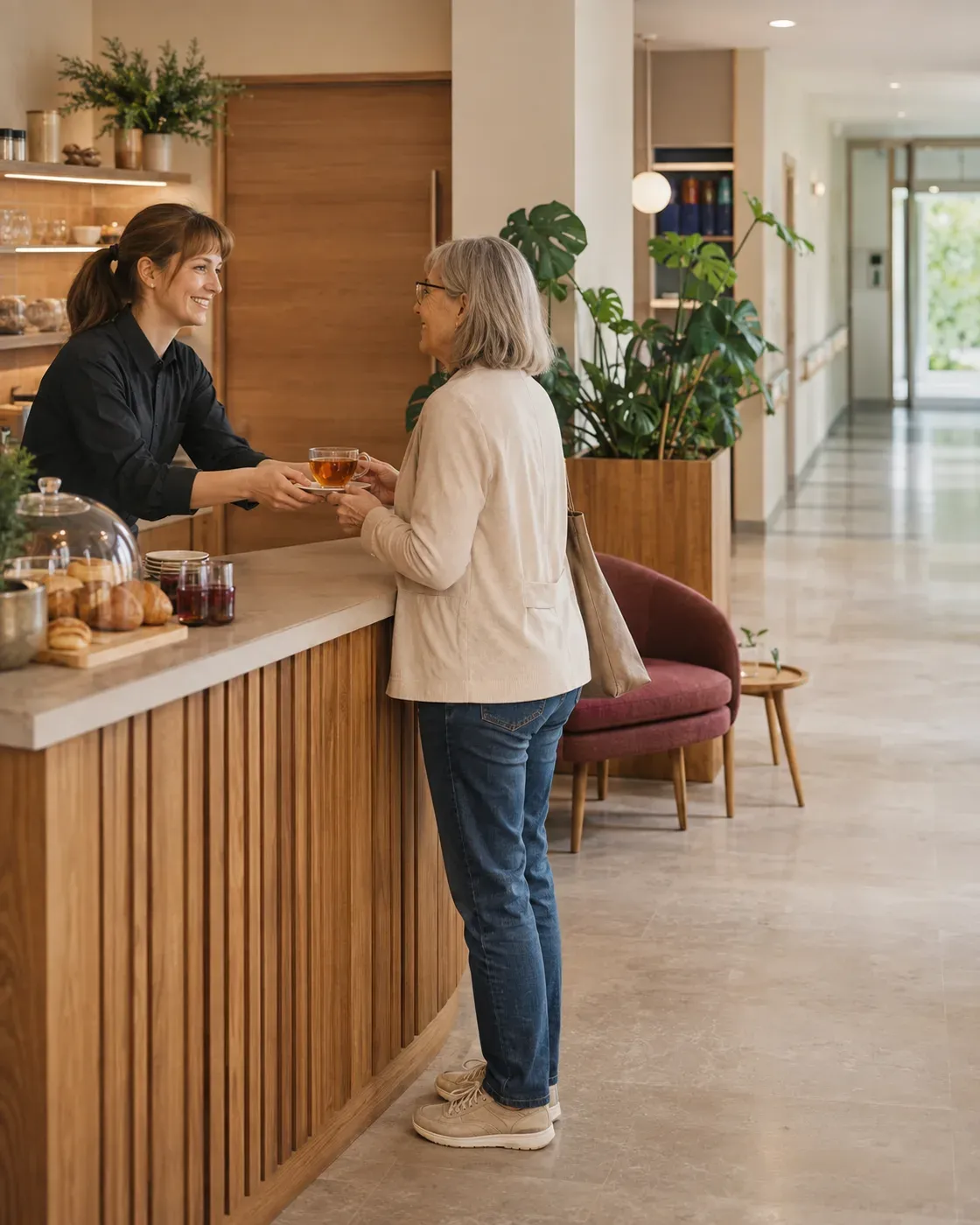 Illustratieve scène van een medewerker die een oudere bezoeker helpt bij de toegankelijke balie van een rustig ziekenhuiscafé.