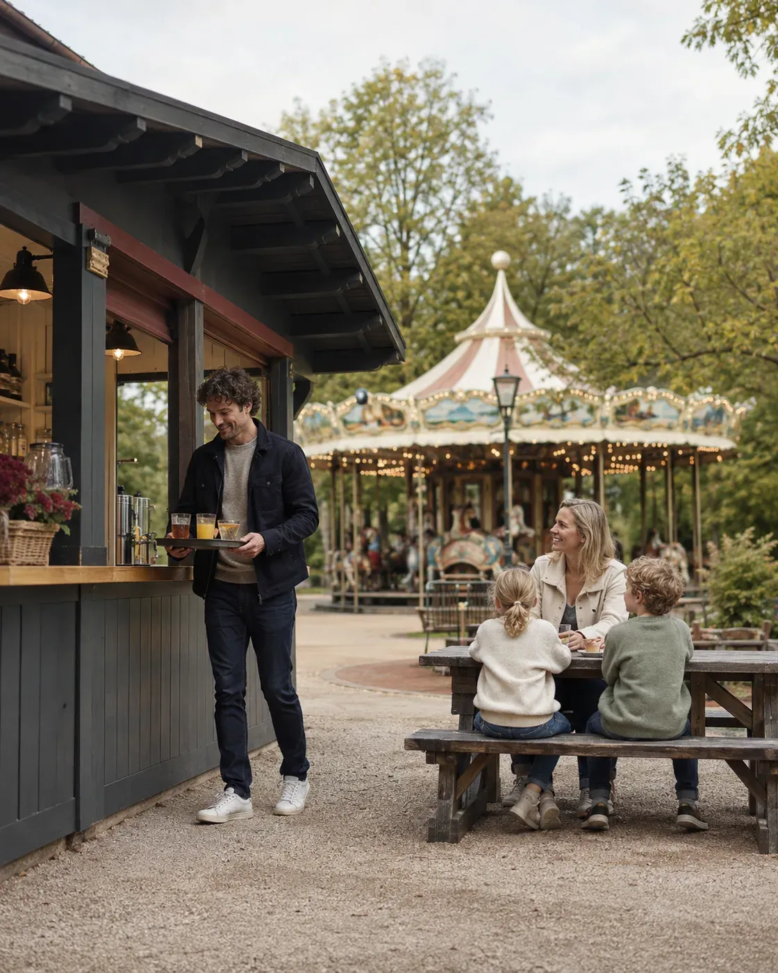 Illustrative scene of a parent collecting food from a theme-park kiosk while the children wait beside them.