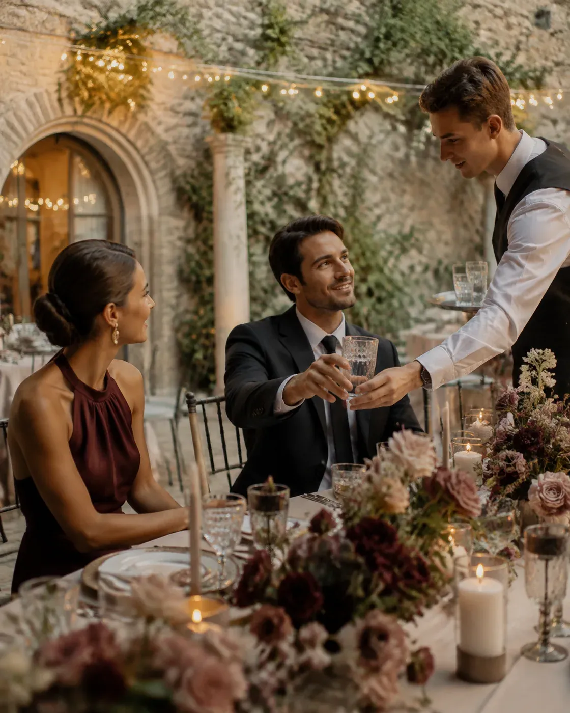 Illustrative scene of a team member handing drinks to formally dressed guests at a wedding reception with flowers and festoon lights.