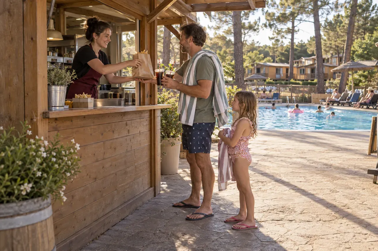 Illustrative Szene an der Snackbar am Pool eines Ferienparks: Eine Mitarbeiterin reicht einem Vater mit Handtuch eine Tüte Snacks und Getränke, seine Tochter wartet daneben.