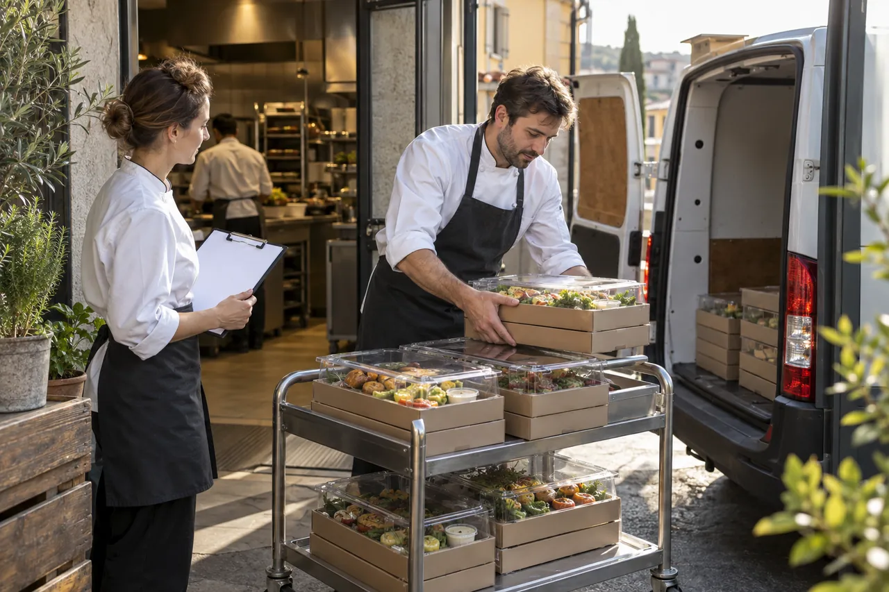 Illustrative scene at a catering kitchen’s dispatch door: a team member loads covered lunch platters onto a trolley beside a delivery van.