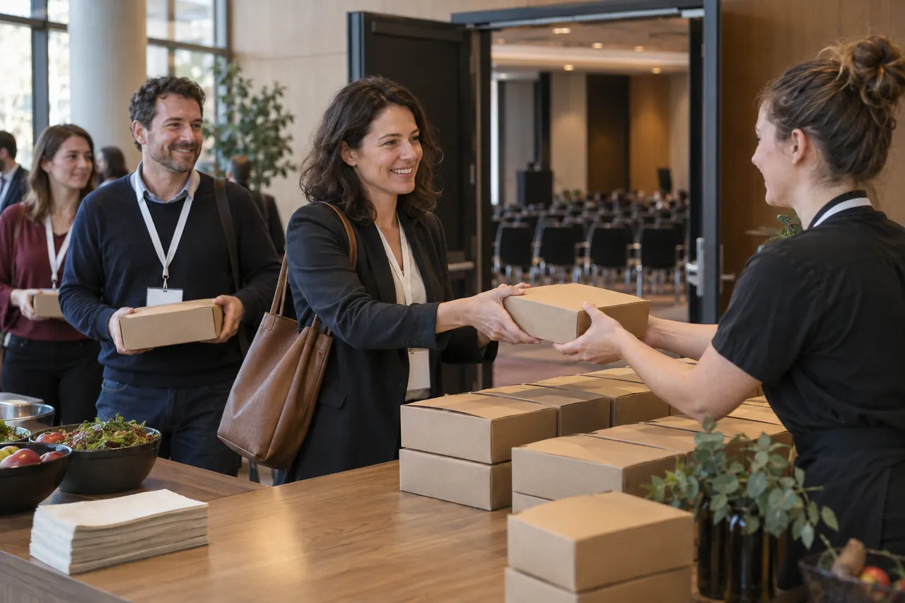 Illustratieve scène tijdens de lunchpauze van een congres: deelnemers met blanco keycords halen een lunchbox op aan een lange balie, met een zaal vol stoelen erachter.