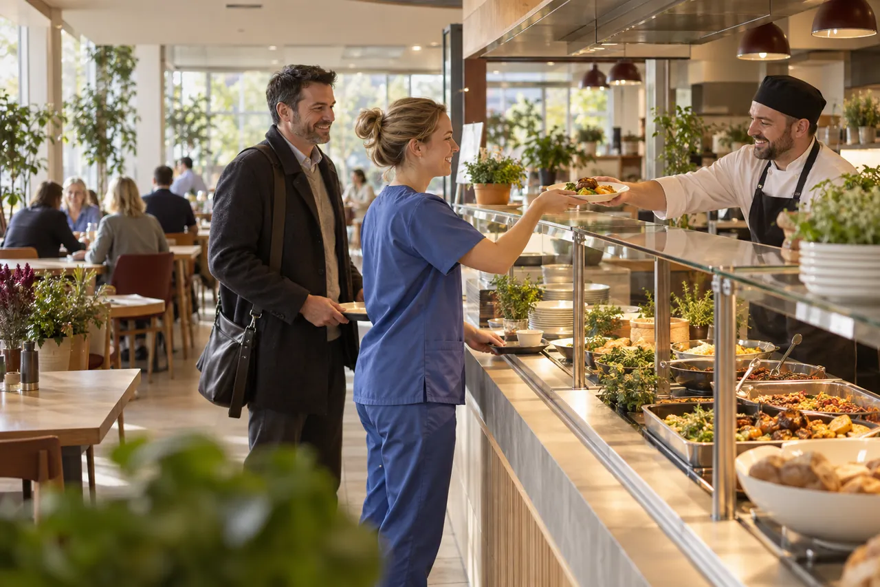 Illustratieve scène in het restaurant van een ziekenhuis: een medewerker in blauw werkpak en een bezoeker halen hun lunch aan dezelfde balie.