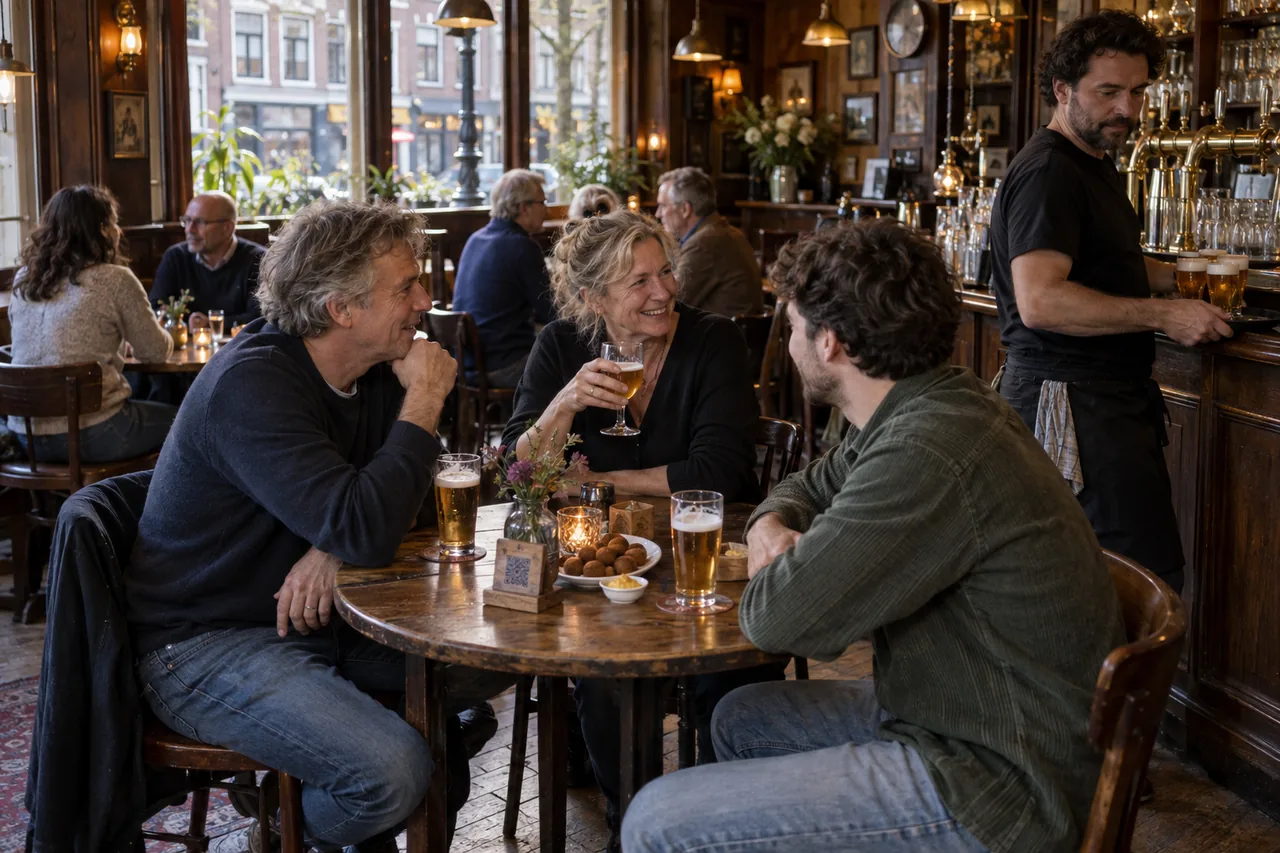 Illustratieve scène in een bruin café: vrienden met een biertje aan een ronde tafel, achter de bar tapt een medewerker.