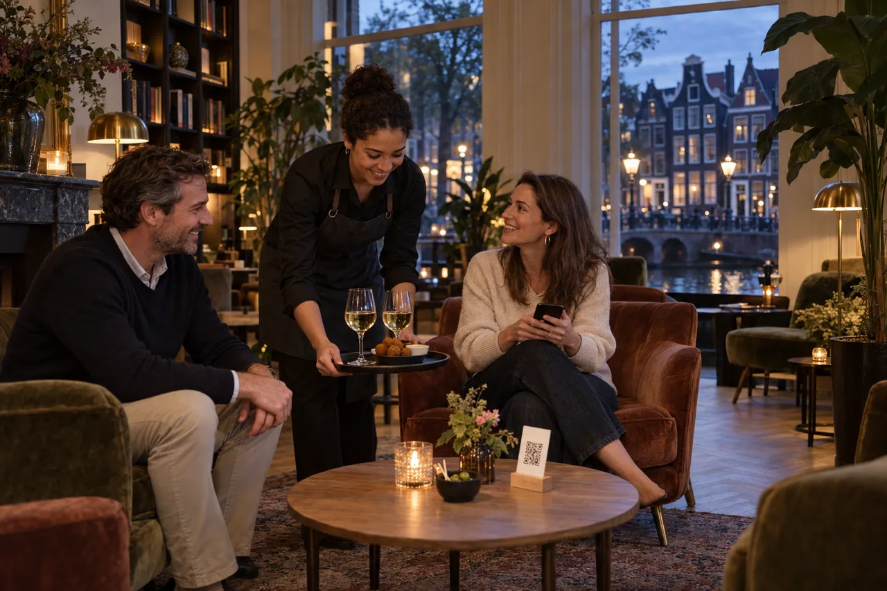 Illustratieve scène in een hotellounge aan de gracht: een medewerker brengt wijn en bitterballen naar twee gasten, met een QR-standaard op tafel.